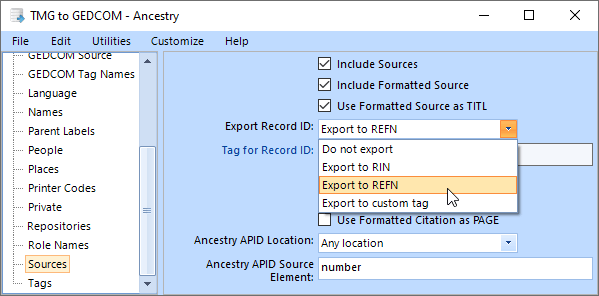 screenshot of Source Section showing the choices in the Export Record ID property