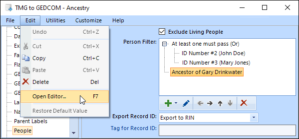 screenshot showing Open Editor command for Person Entry item