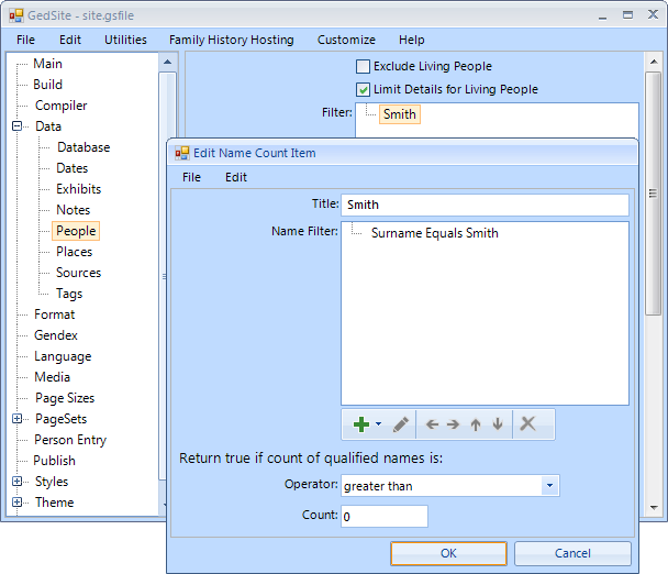 screenshot of name count filter terms